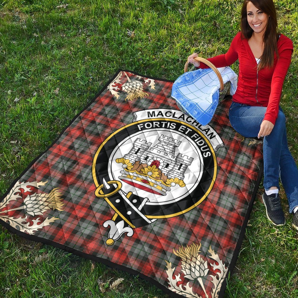 MacLachlan Weathered Tartan Crest Premium Quilt - Gold Thistle Style