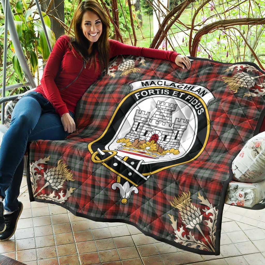 MacLachlan Weathered Tartan Crest Premium Quilt - Gold Thistle Style