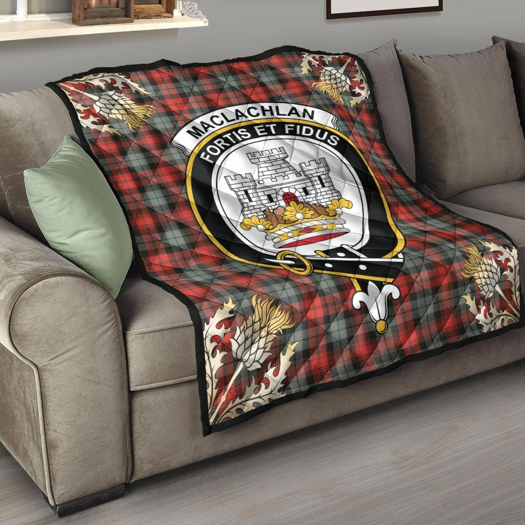 MacLachlan Weathered Tartan Crest Premium Quilt - Gold Thistle Style