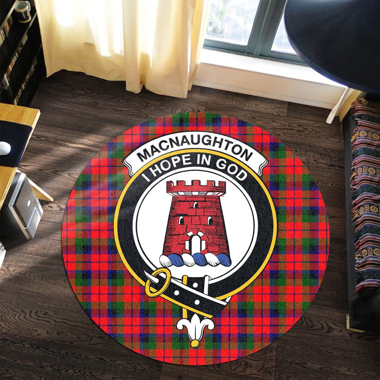 MacNaughton Modern Tartan Crest Round Rug