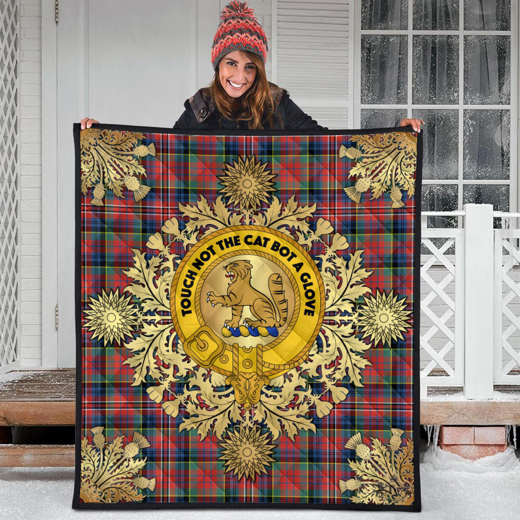 MacPherson Ancient Tartan Crest Premium Quilt - Gold Thistle Style