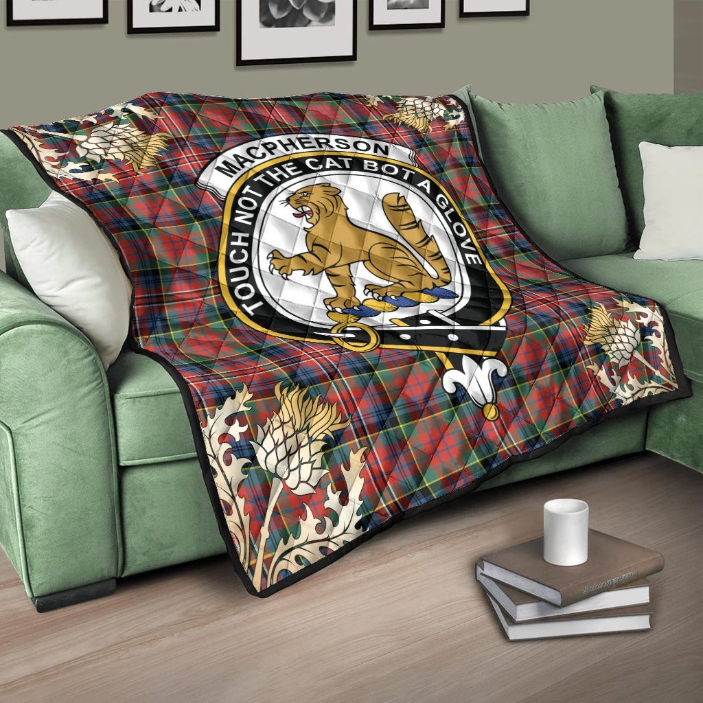 MacPherson Ancient Tartan Crest Premium Quilt - Gold Thistle Style