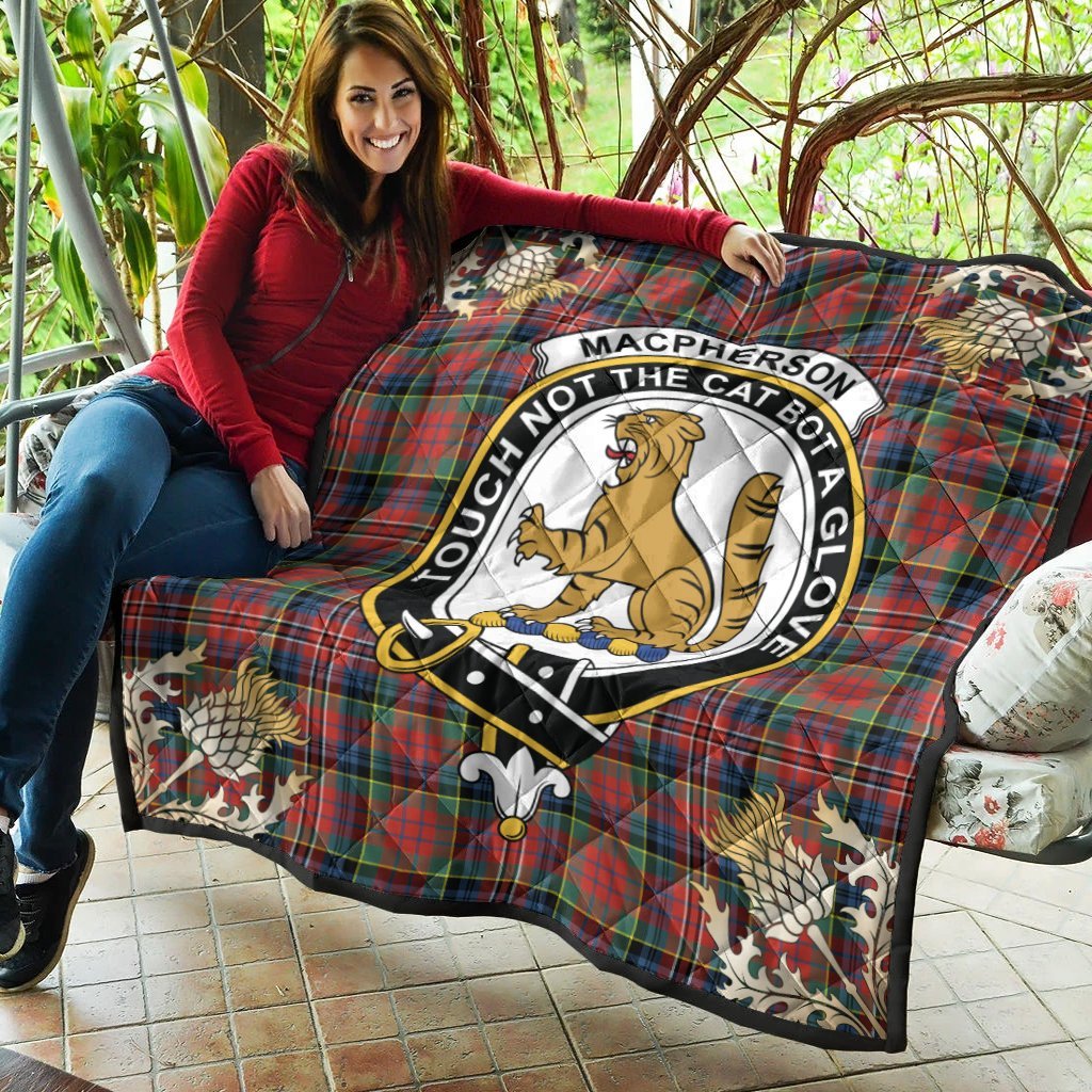 MacPherson Ancient Tartan Crest Premium Quilt - Gold Thistle Style