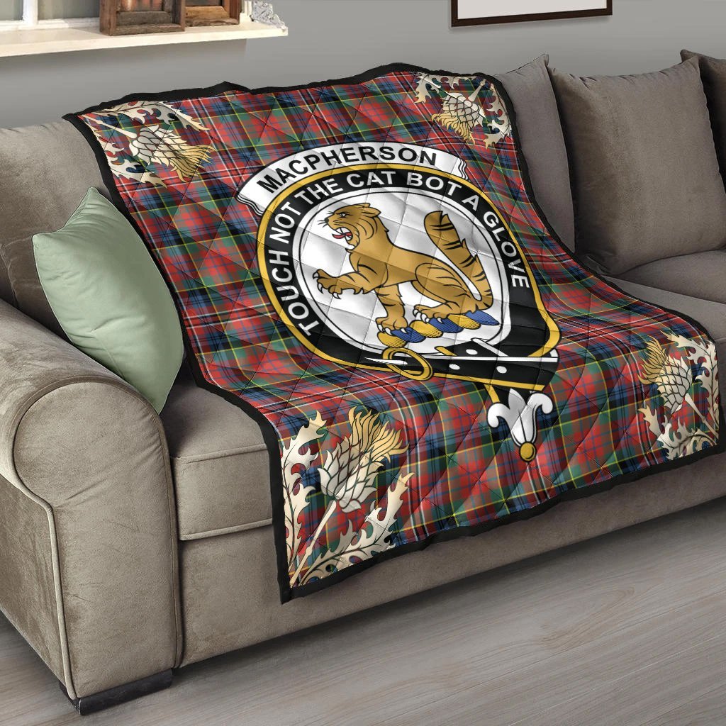 MacPherson Ancient Tartan Crest Premium Quilt - Gold Thistle Style