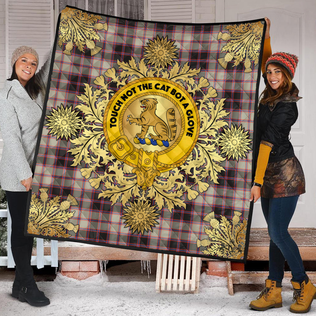 MacPherson Hunting Ancient Tartan Crest Premium Quilt - Gold Thistle Style