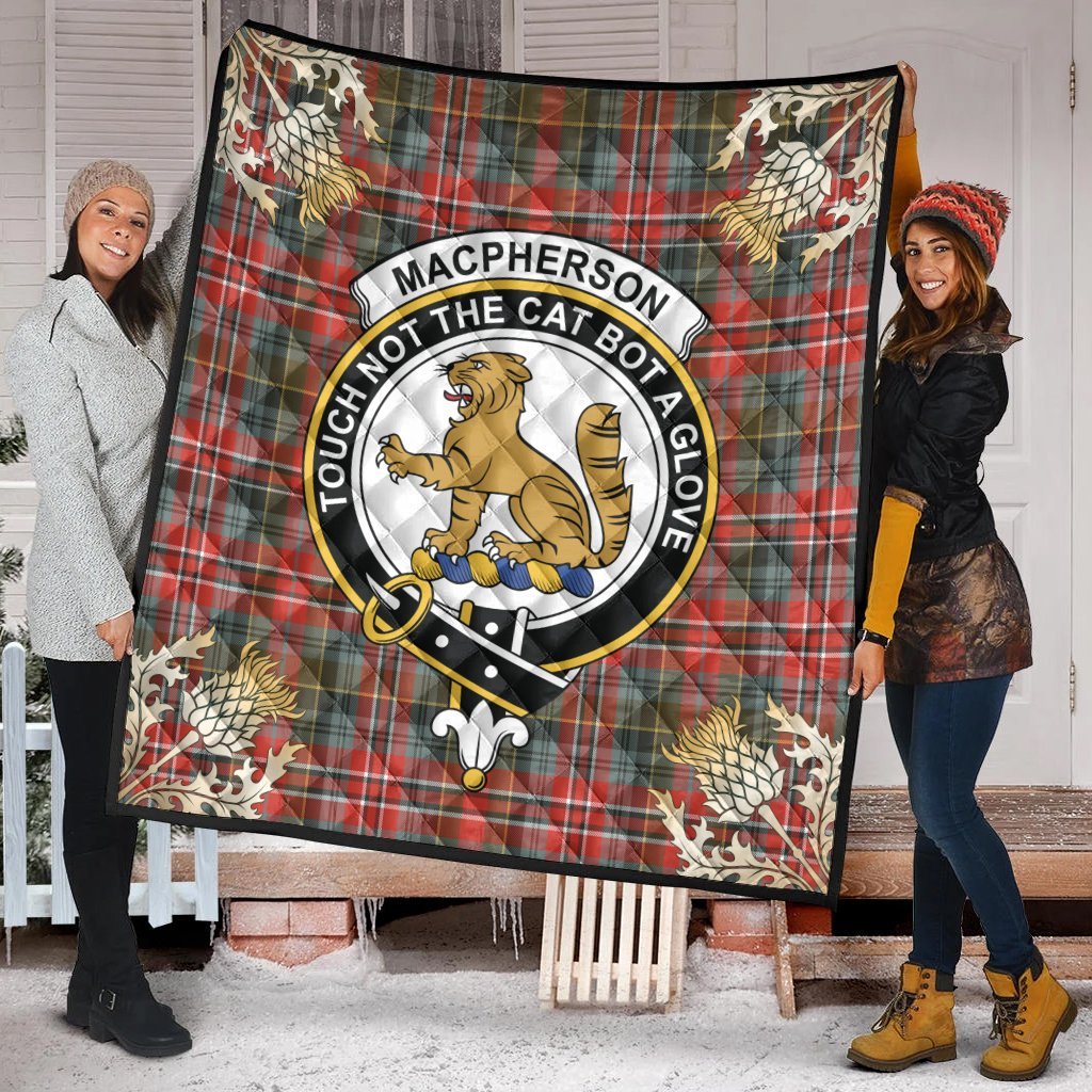 MacPherson Weathered Tartan Crest Premium Quilt - Gold Thistle Style