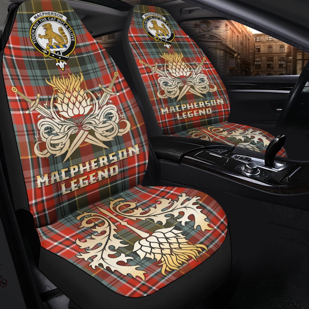 MacPherson Weathered Tartan Crest Car Seat Cover - Gold Thistle Courage Symbol Style