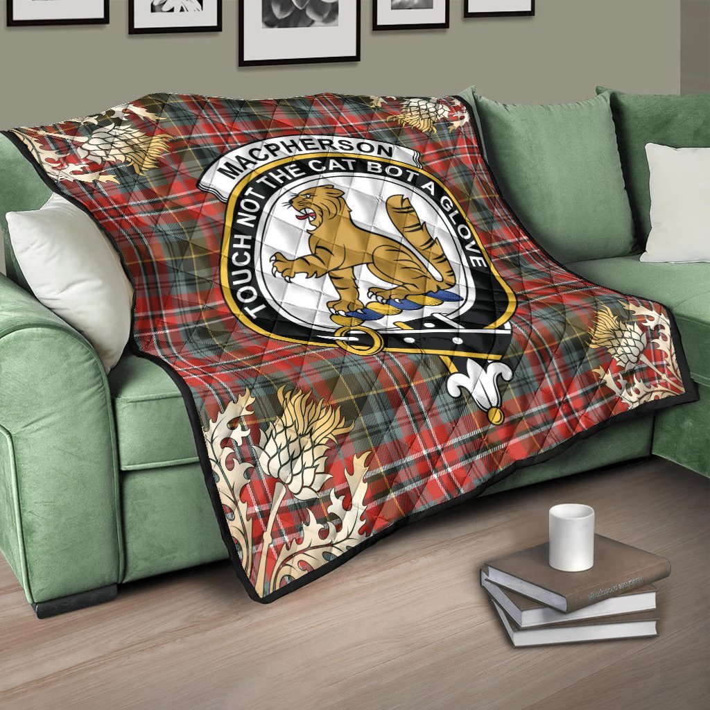 MacPherson Weathered Tartan Crest Premium Quilt - Gold Thistle Style