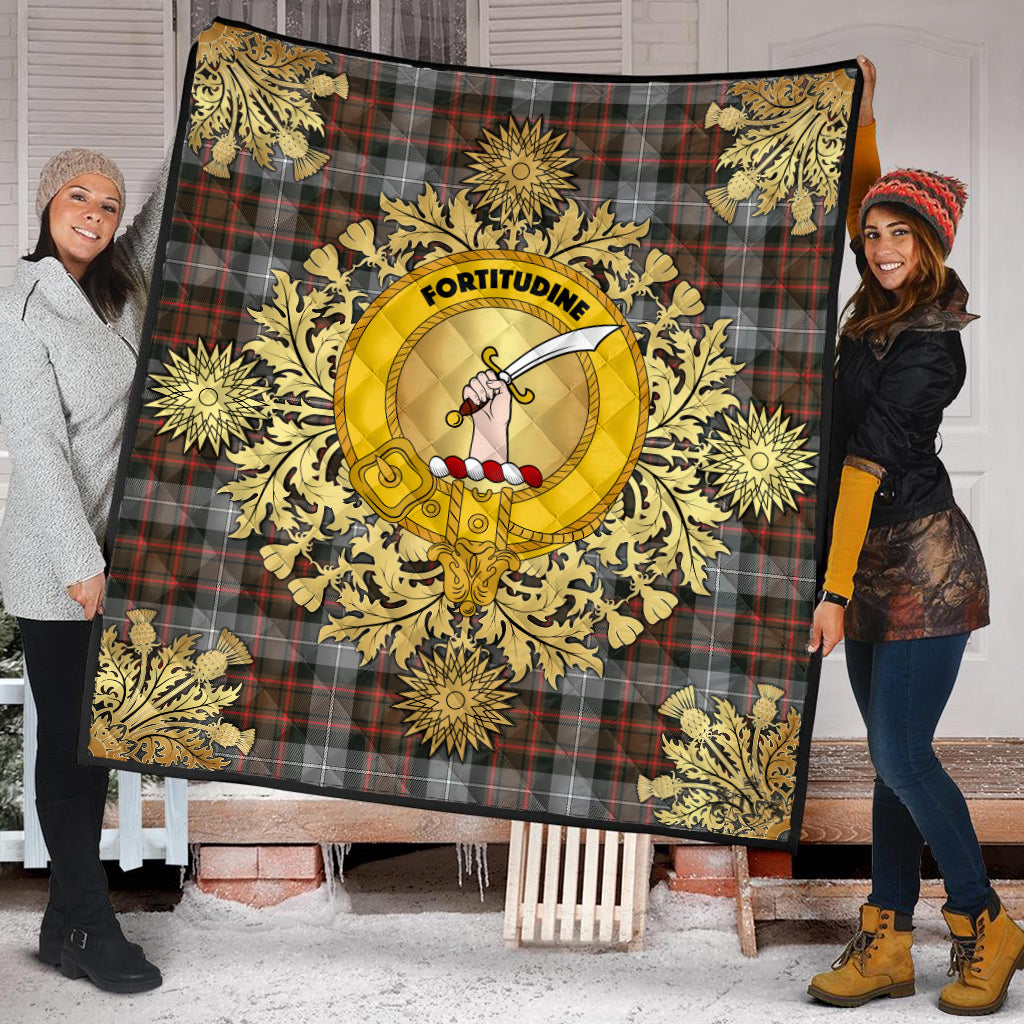 MacRae Hunting Weathered Tartan Crest Premium Quilt - Gold Thistle Style