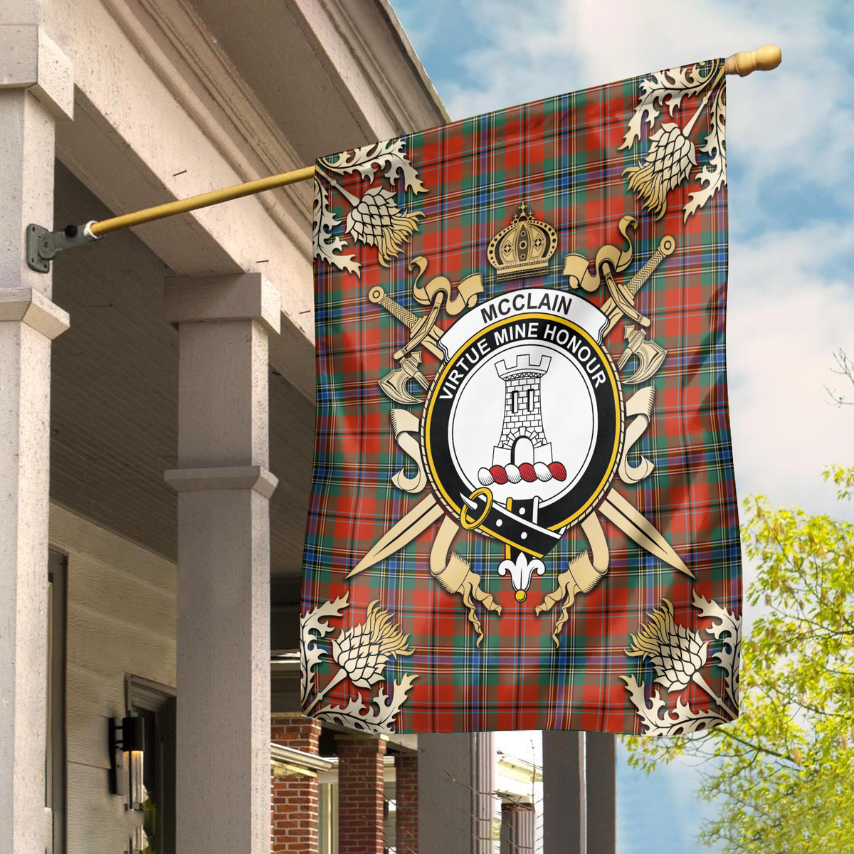 McClain Tartan Crest Black Garden Flag - Gold Thistle Style