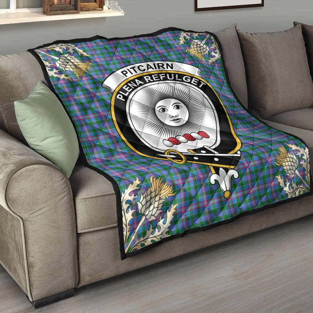 Pitcairn Hunting Tartan Crest Premium Quilt - Gold Thistle Style