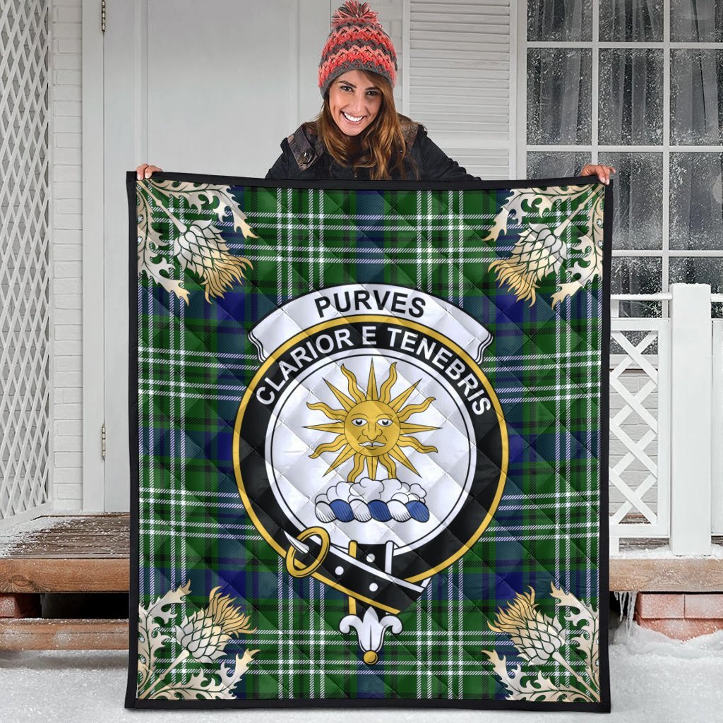 Purves Tartan Crest Premium Quilt - Gold Thistle Style