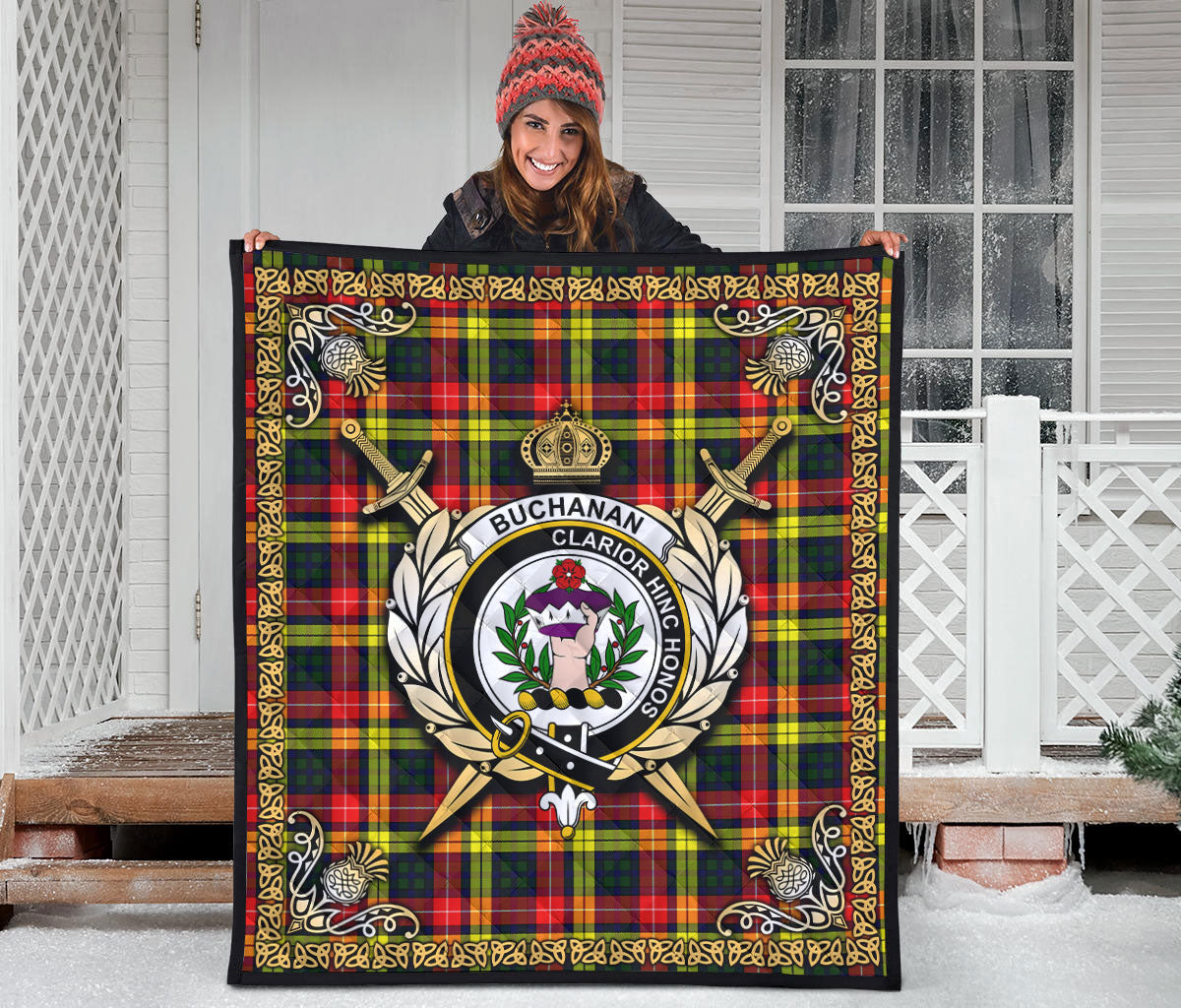 Buchanan Modern Tartan Crest Premium Quilt - Celtic Thistle Style