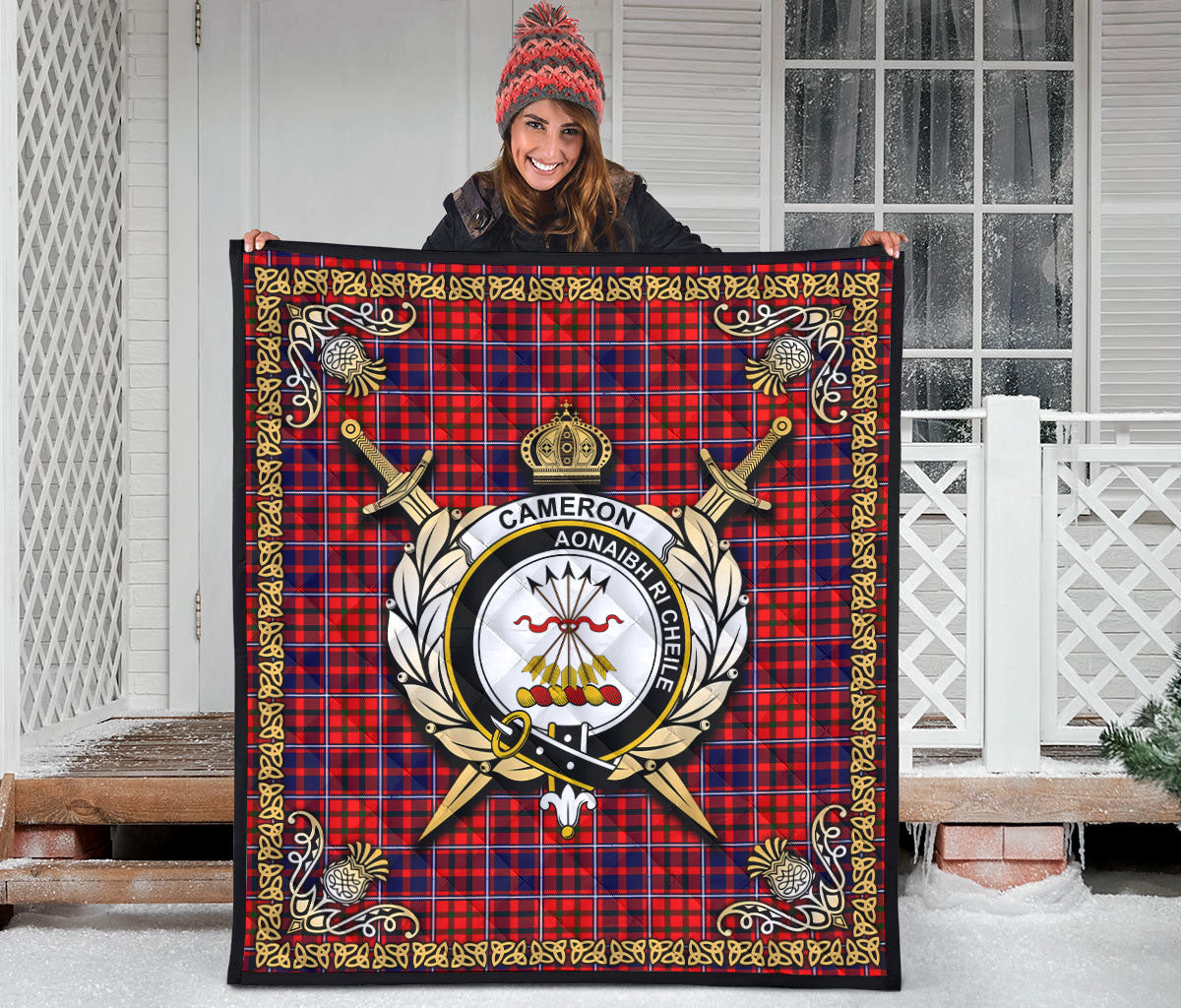 Cameron of Lochiel Modern Tartan Crest Premium Quilt - Celtic Thistle Style