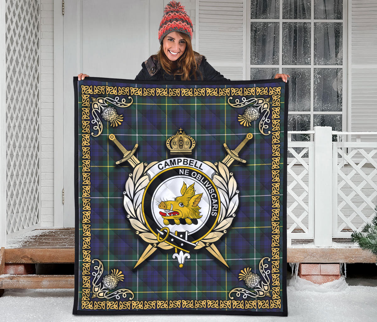 Campbell Argyll Modern Tartan Crest Premium Quilt - Celtic Thistle Style