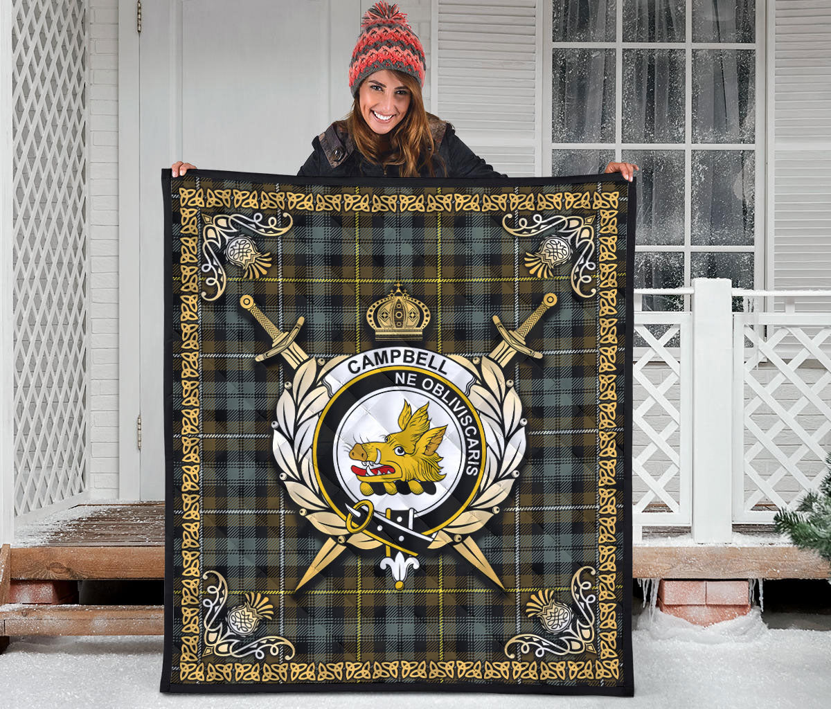 Campbell Argyll Weathered Tartan Crest Premium Quilt - Celtic Thistle Style