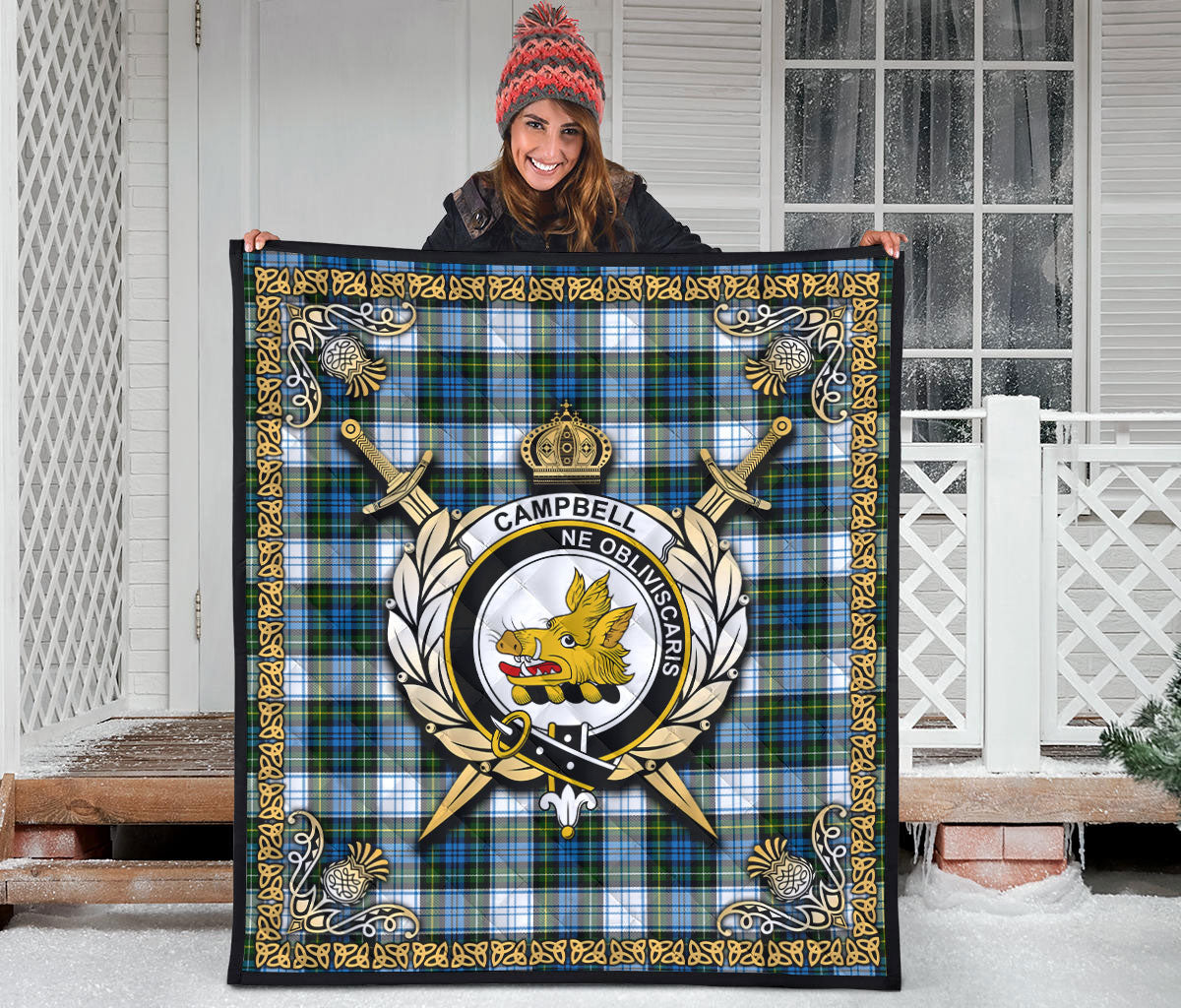 Campbell Dress Tartan Crest Premium Quilt - Celtic Thistle Style