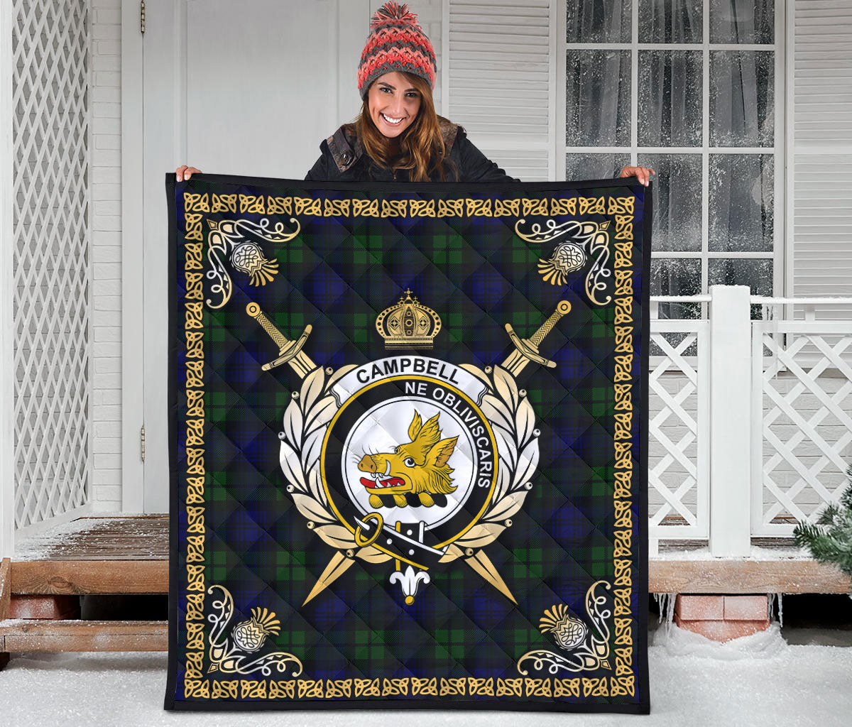 Campbell Modern Tartan Crest Premium Quilt - Celtic Thistle Style