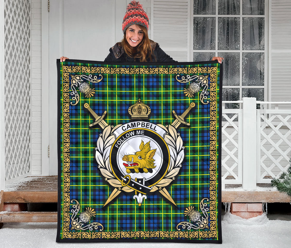 Campbell of Breadalbane Ancient Tartan Crest Premium Quilt - Celtic Thistle Style