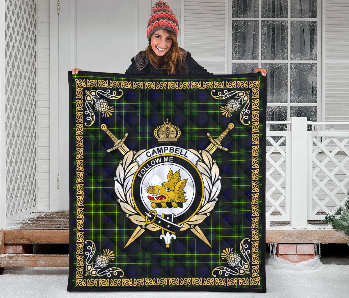 Campbell of Breadalbane Modern Tartan Crest Premium Quilt - Celtic Thistle Style