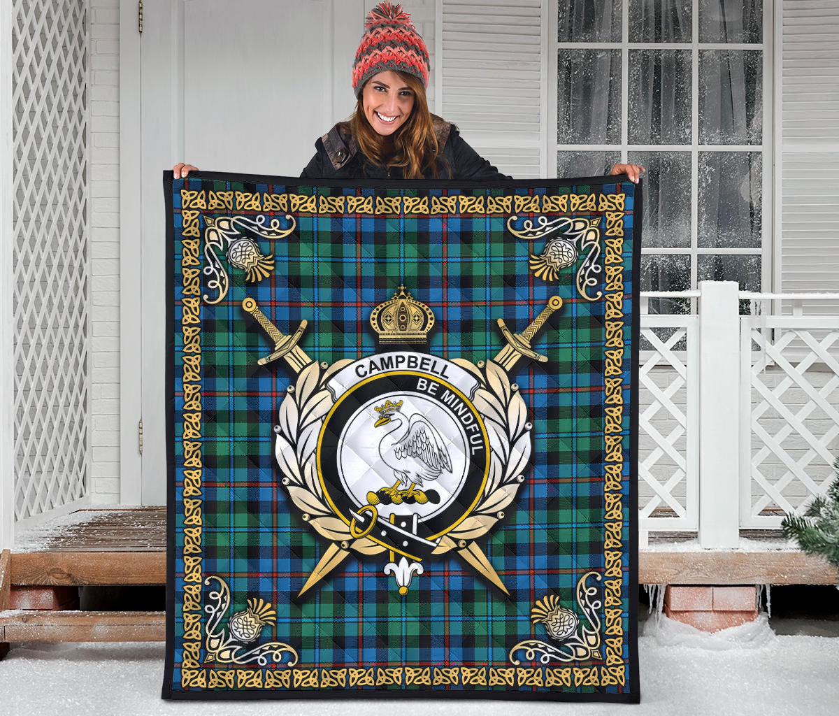 Campbell of Cawdor Ancient Tartan Crest Premium Quilt - Celtic Thistle Style