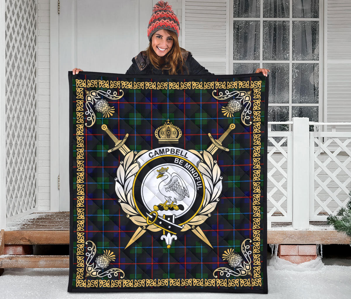 Campbell of Cawdor Modern Tartan Crest Premium Quilt - Celtic Thistle Style