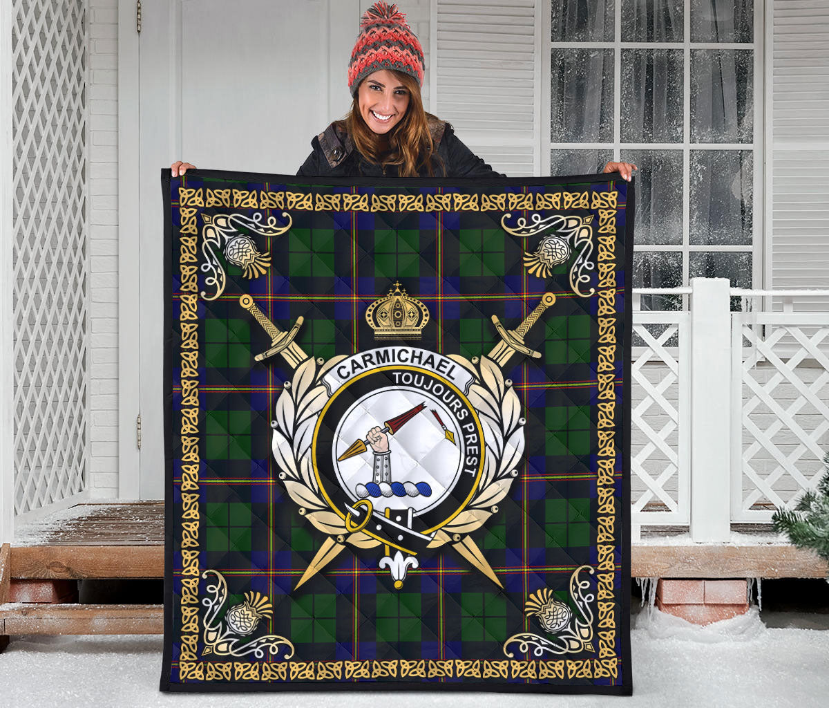 Carmichael Modern Tartan Crest Premium Quilt - Celtic Thistle Style