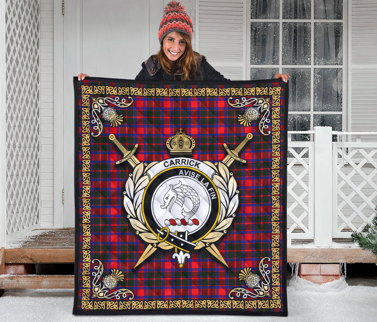 Carrick District Tartan Crest Premium Quilt - Celtic Thistle Style