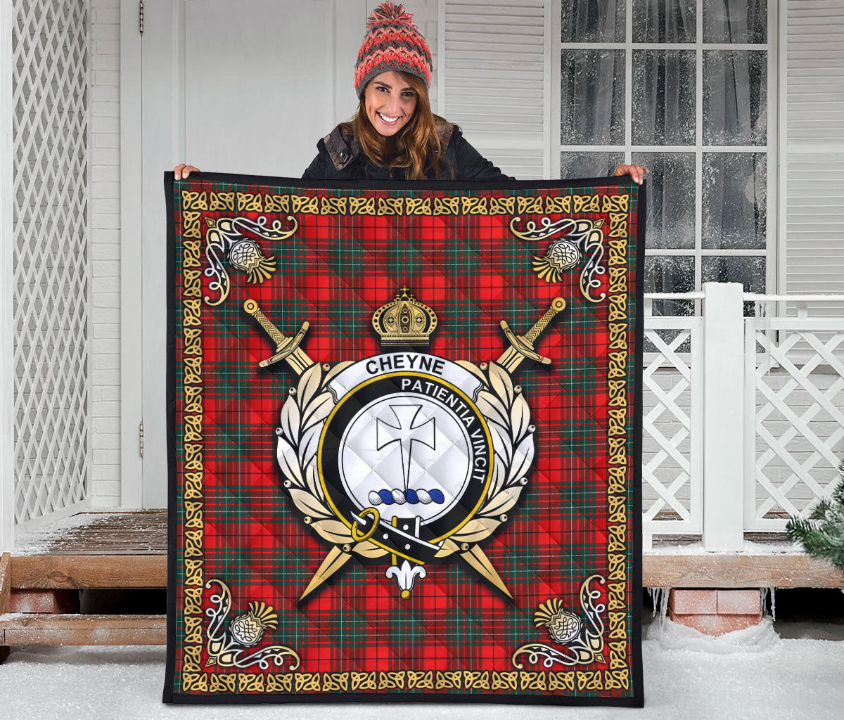 Cheyne Tartan Crest Premium Quilt - Celtic Thistle Style