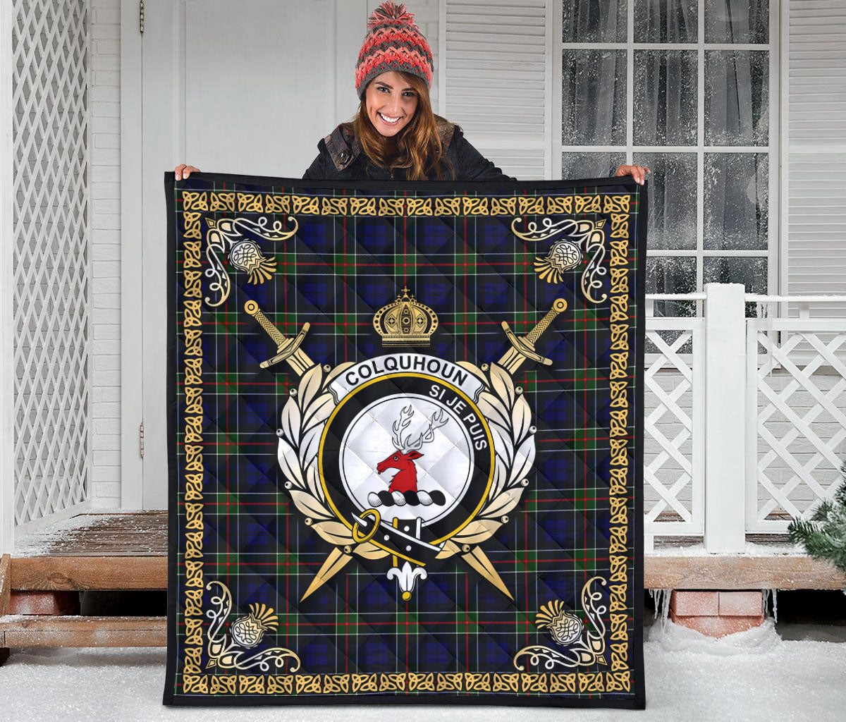 Colquhoun Modern Tartan Crest Premium Quilt - Celtic Thistle Style