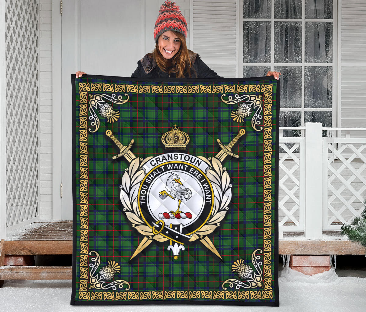 Cranstoun Tartan Crest Premium Quilt - Celtic Thistle Style