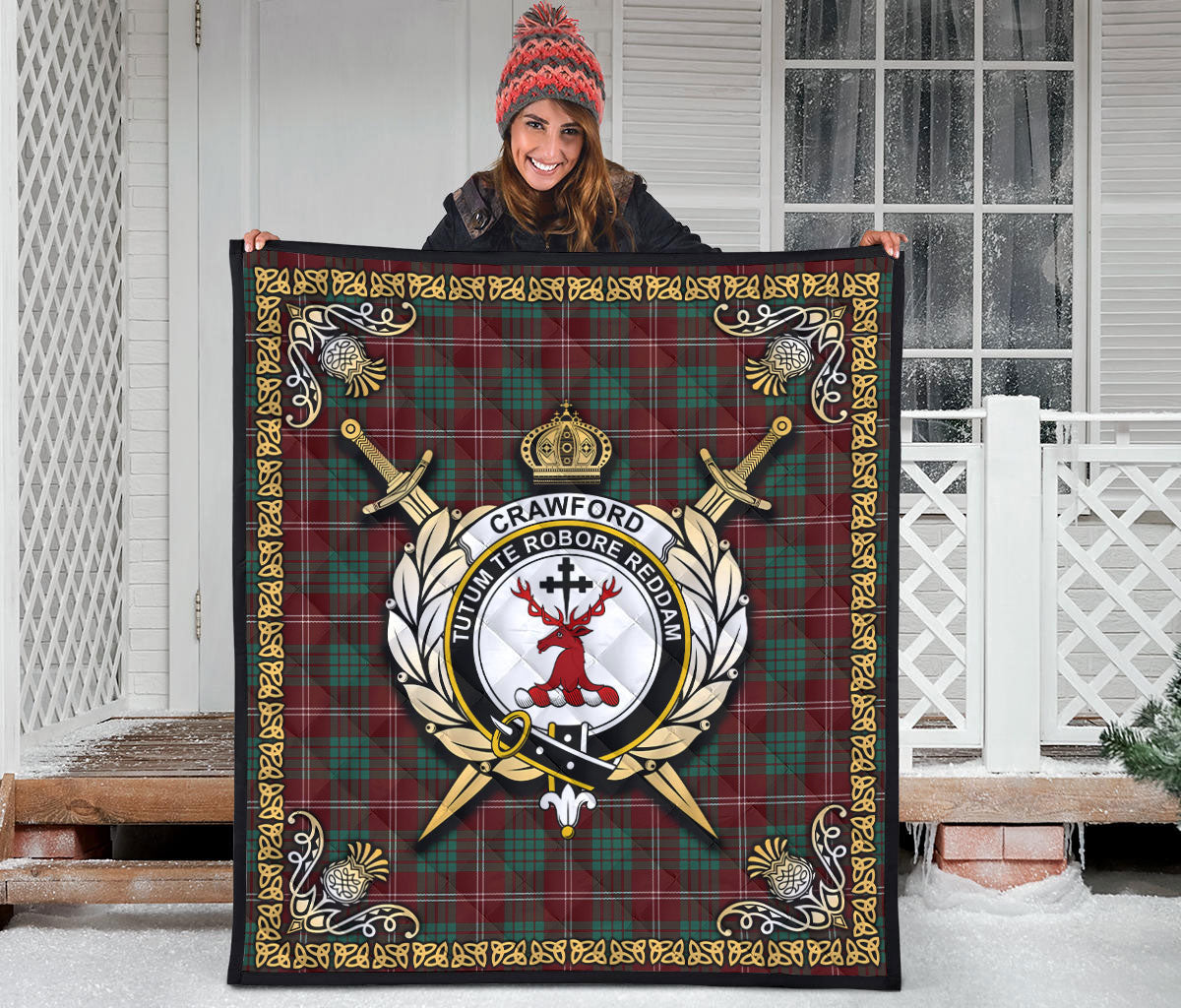 Crawford Modern Tartan Crest Premium Quilt - Celtic Thistle Style