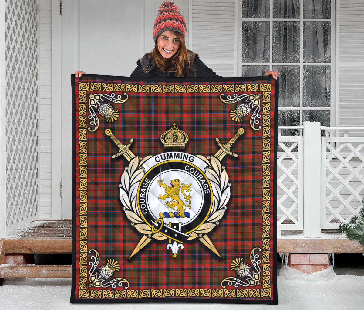 Cumming Hunting Weathered Tartan Crest Premium Quilt - Celtic Thistle Style