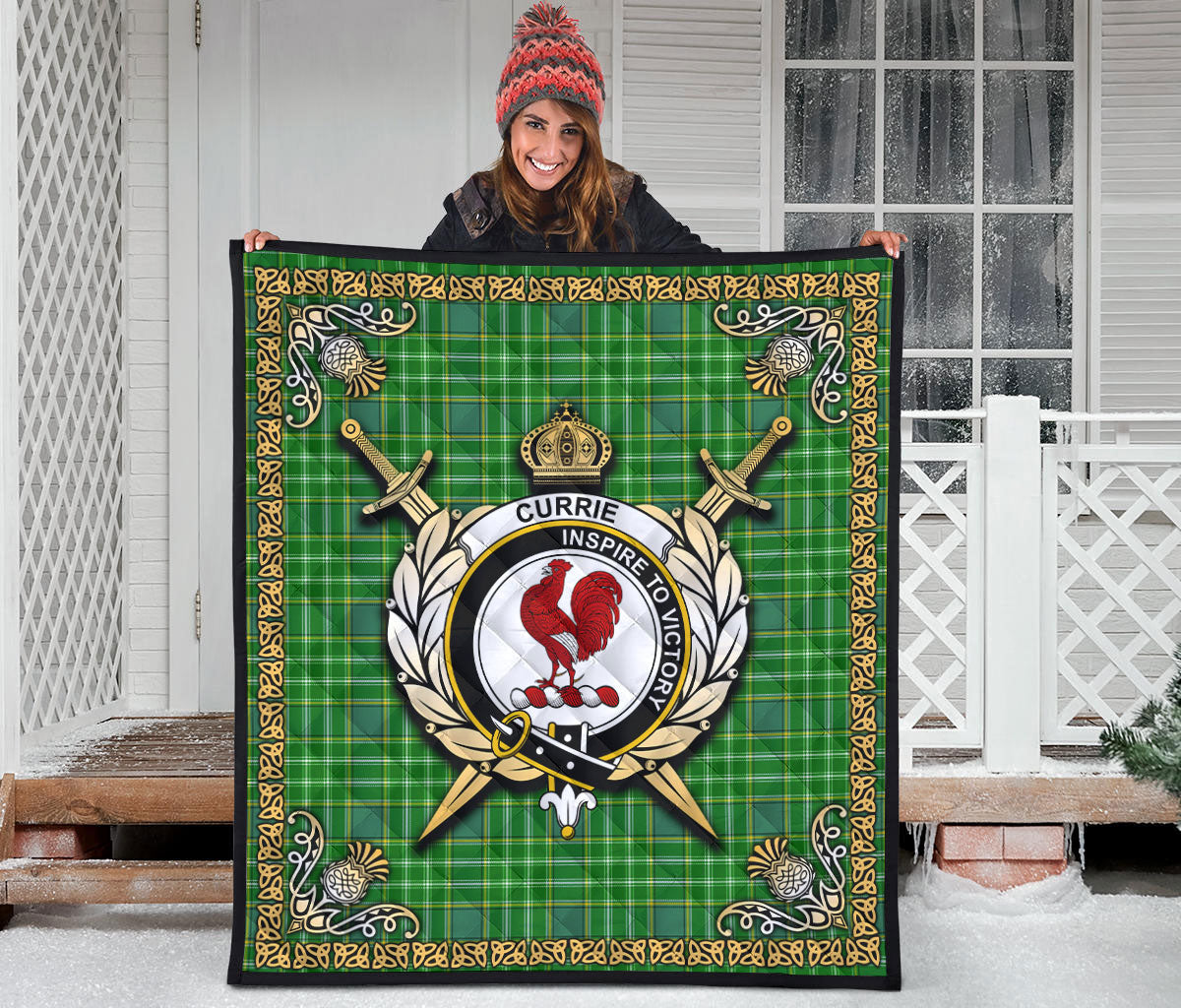 Currie or Curry Tartan Crest Premium Quilt - Celtic Thistle Style