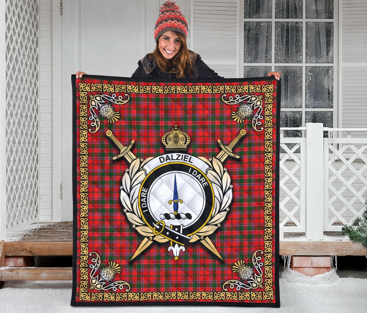 Dalziel Modern Tartan Crest Premium Quilt - Celtic Thistle Style