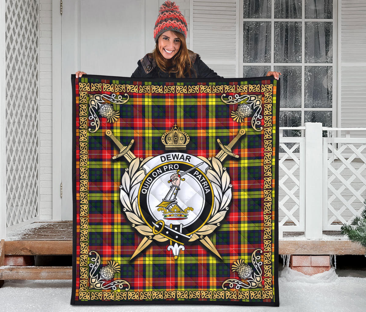 Dewar Tartan Crest Premium Quilt - Celtic Thistle Style