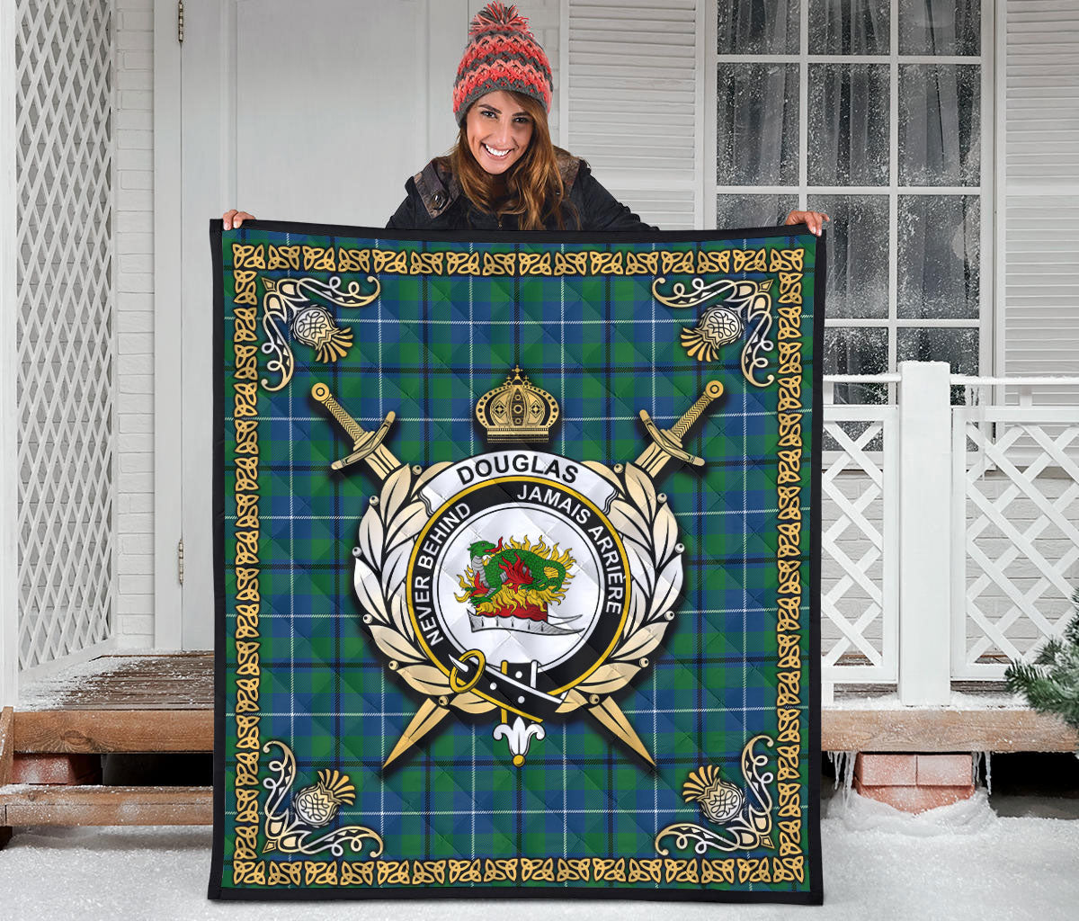 Douglas Ancient Tartan Crest Premium Quilt - Celtic Thistle Style