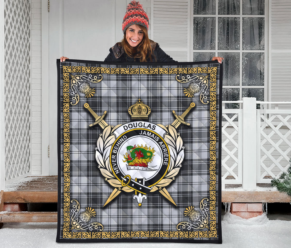 Douglas Grey Modern Tartan Crest Premium Quilt - Celtic Thistle Style