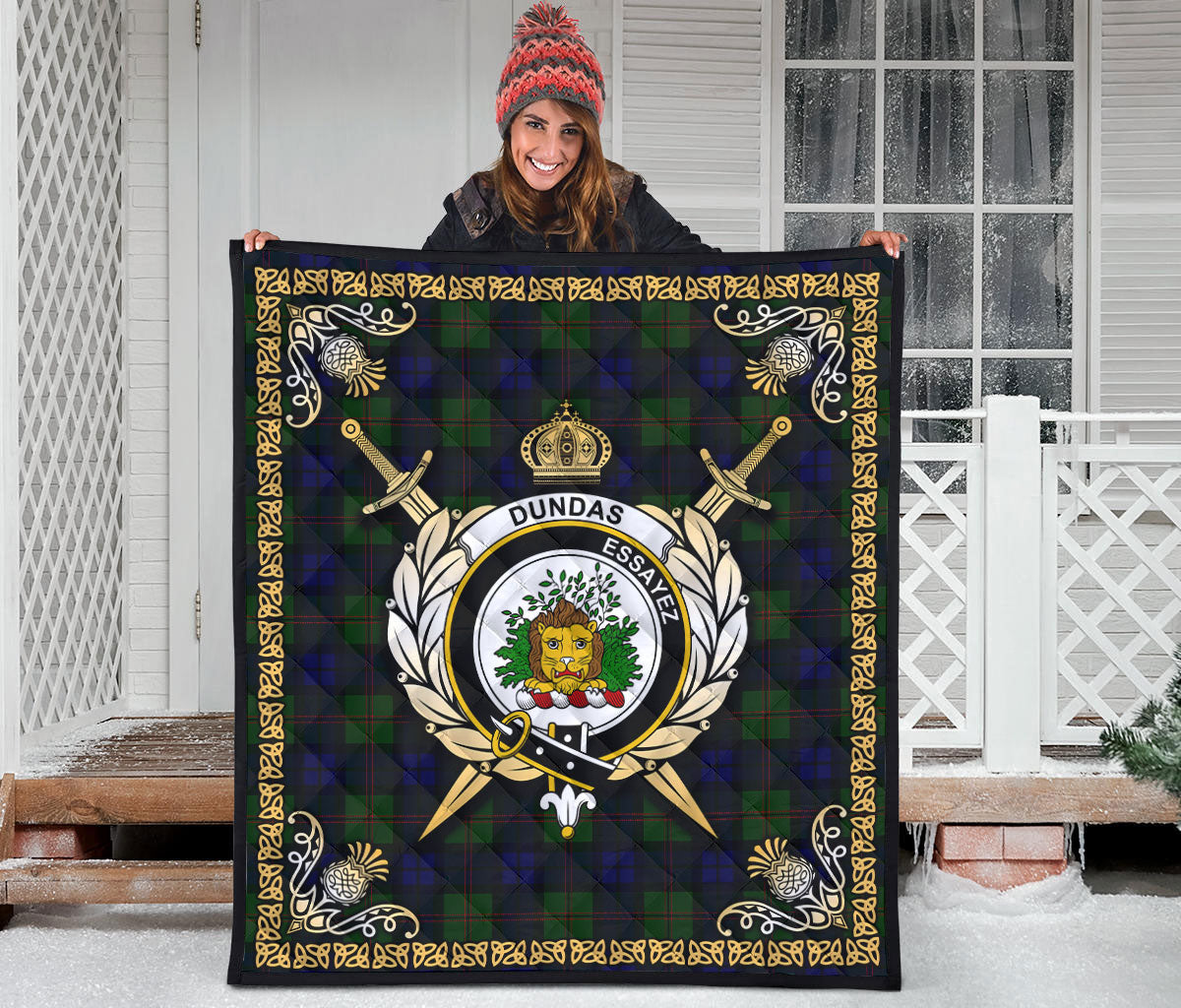 Dundas Modern Tartan Crest Premium Quilt - Celtic Thistle Style