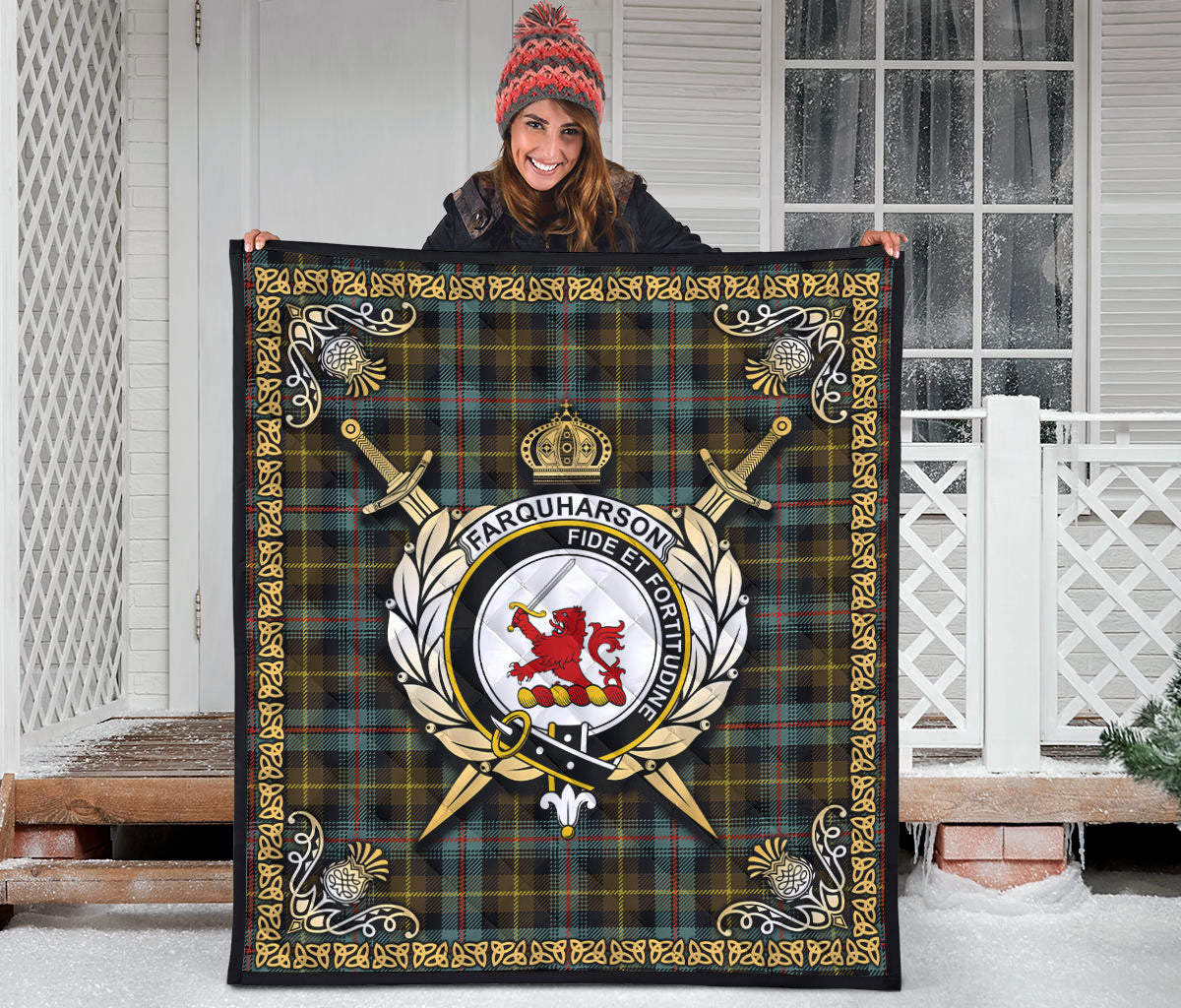 Farquharson Weathered Tartan Crest Premium Quilt - Celtic Thistle Style