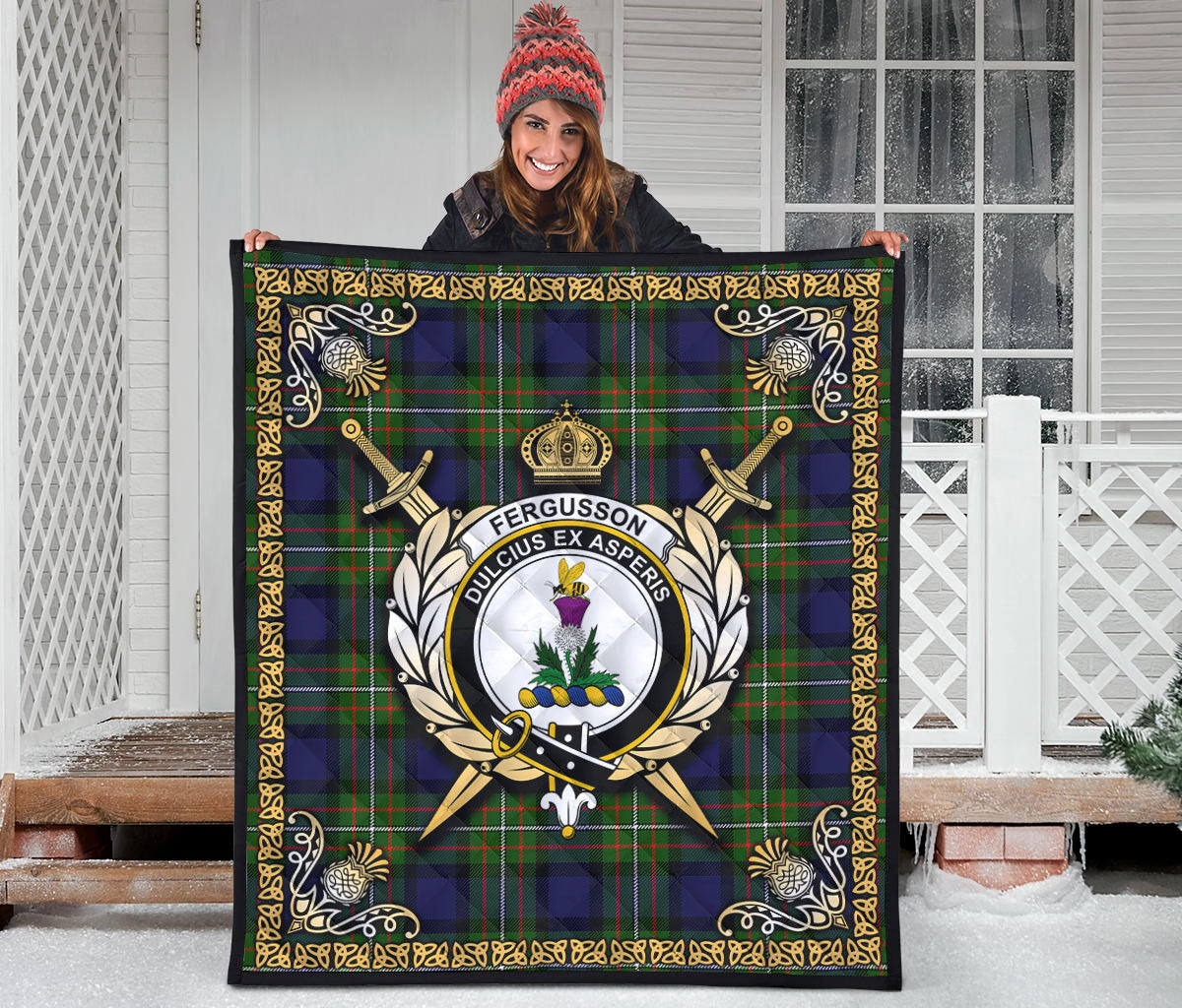 Fergusson Modern Tartan Crest Premium Quilt - Celtic Thistle Style