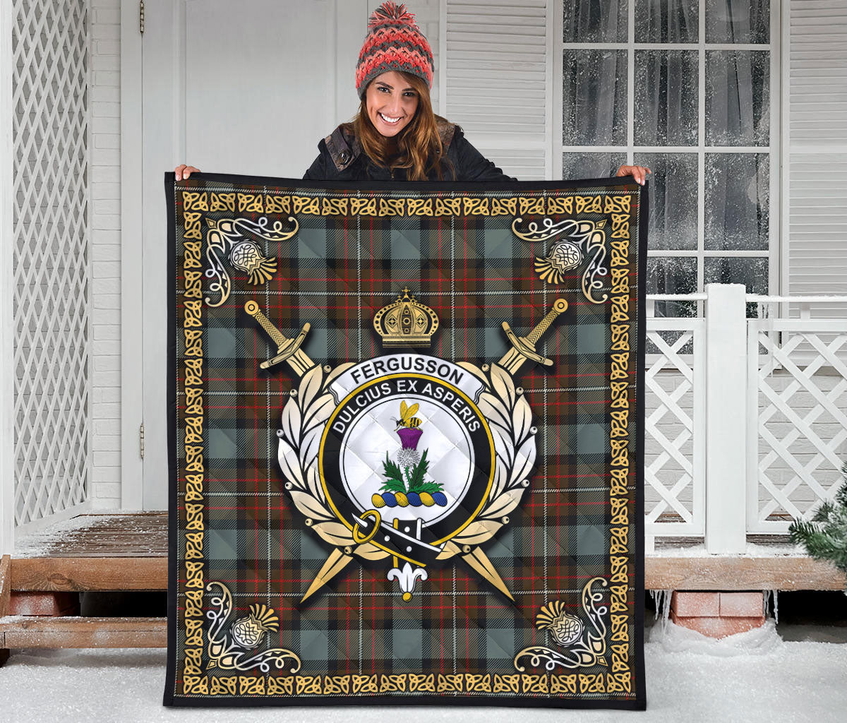 Fergusson Weathered Tartan Crest Premium Quilt - Celtic Thistle Style