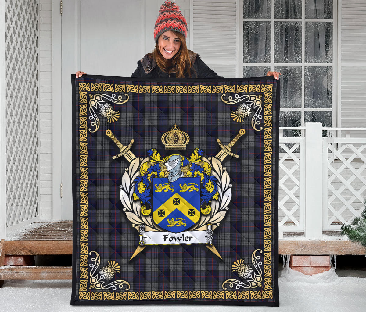 Fowler Tartan Crest Premium Quilt - Celtic Thistle Style