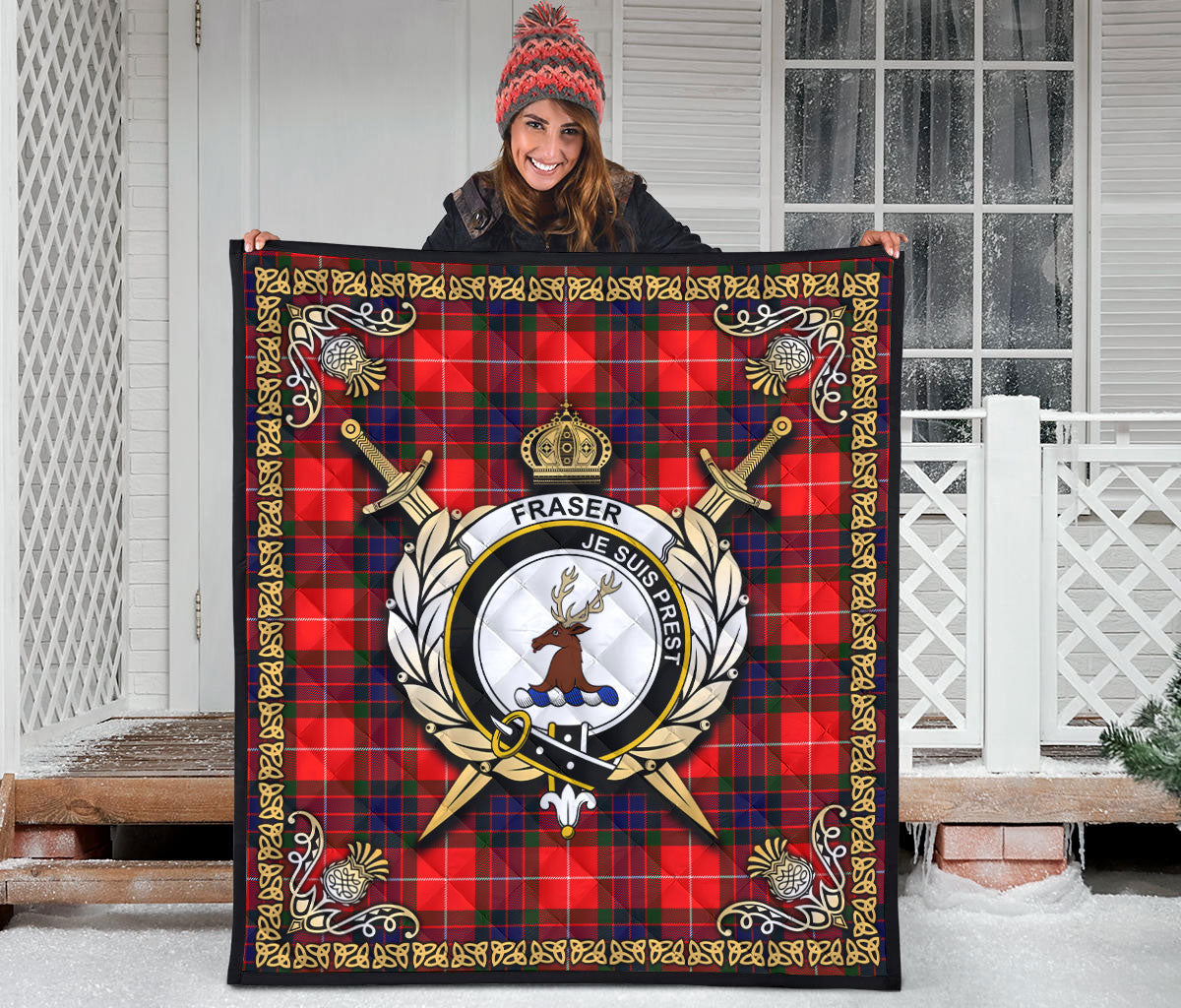 Fraser (of Lovat) Modern Tartan Crest Premium Quilt - Celtic Thistle Style