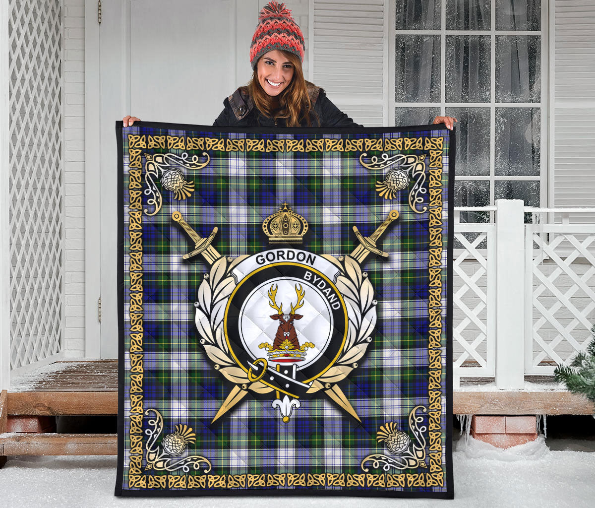 Gordon Dress Modern Tartan Crest Premium Quilt - Celtic Thistle Style