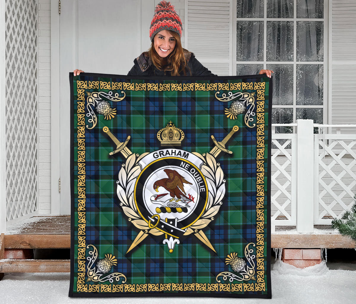 Graham of Menteith Ancient Tartan Crest Premium Quilt - Celtic Thistle Style