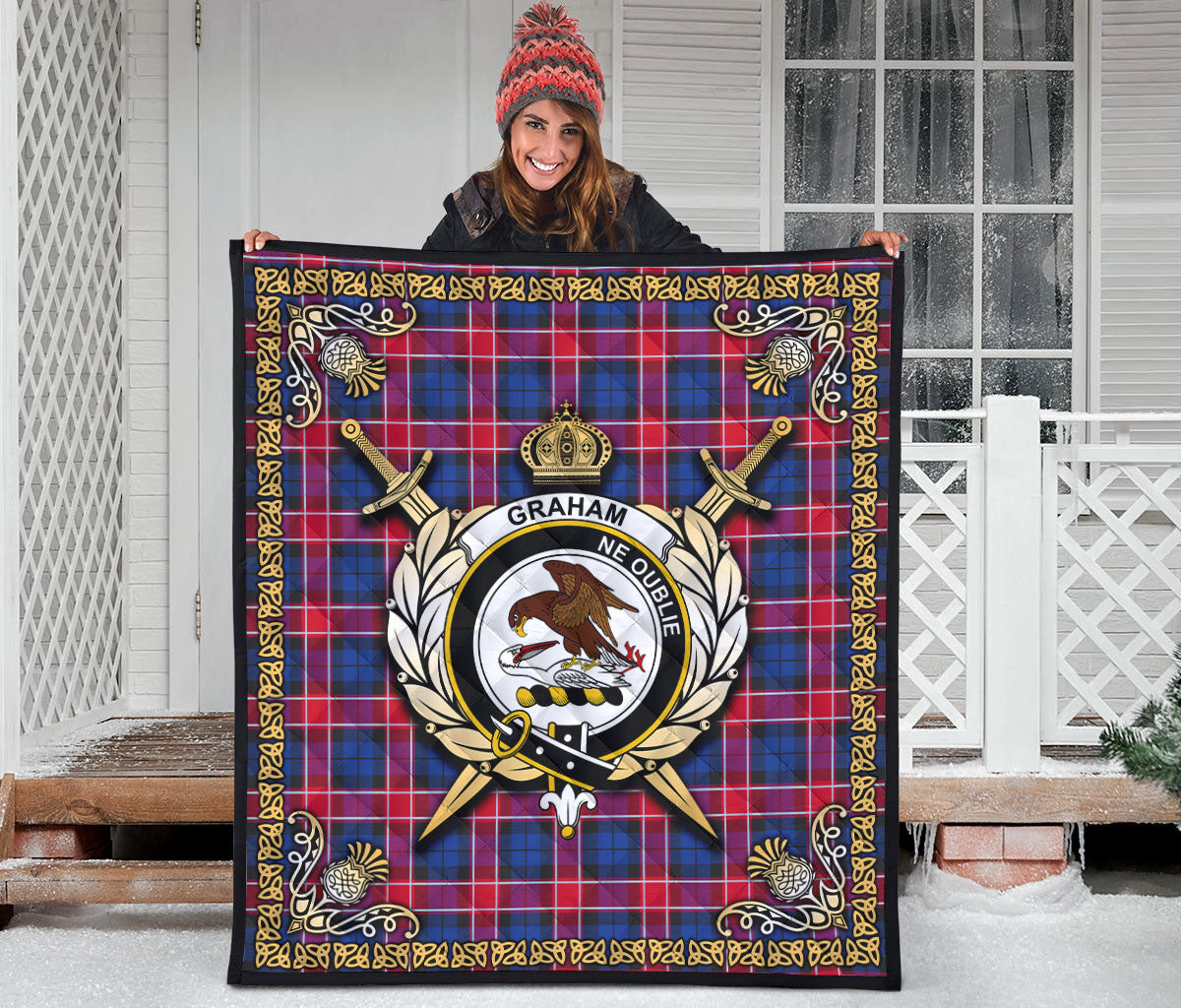 Graham of Menteith Red Tartan Crest Premium Quilt - Celtic Thistle Style