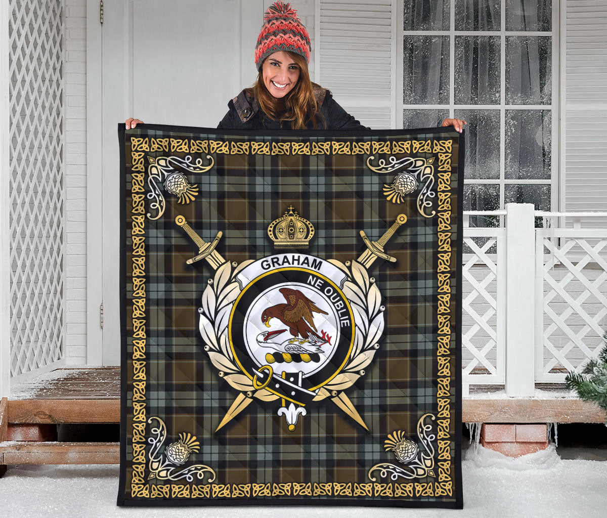 Graham of Menteith Weathered Tartan Crest Premium Quilt - Celtic Thistle Style