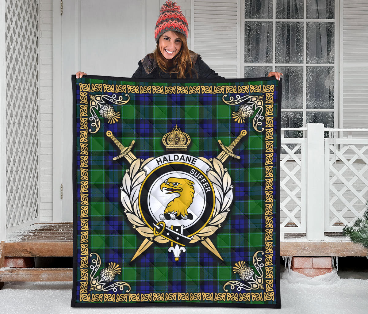 Haldane Tartan Crest Premium Quilt - Celtic Thistle Style