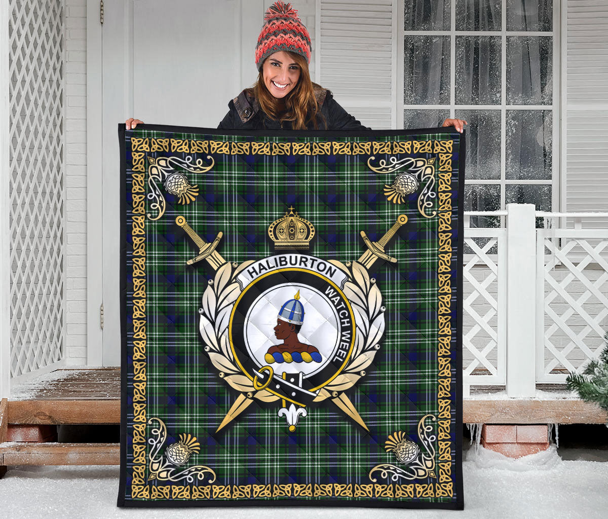 Haliburton Tartan Crest Premium Quilt - Celtic Thistle Style